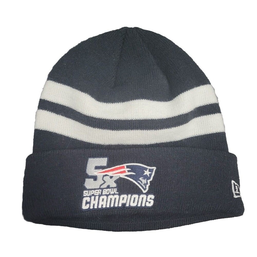 New England Patriots NFL 5X SUPER BOWL CHAMPIONS Navy White Knit Beanie Hat Cap